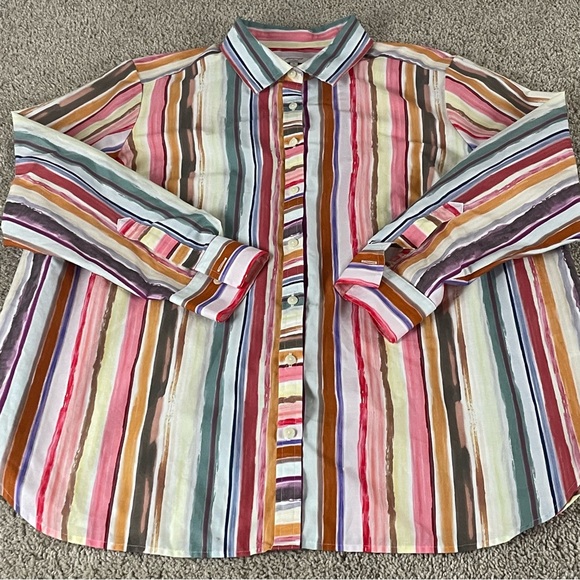Foxcroft Button Down Shirt Women’s 1X Non Iron Rainbow Striped Modern E230 - Picture 1 of 10